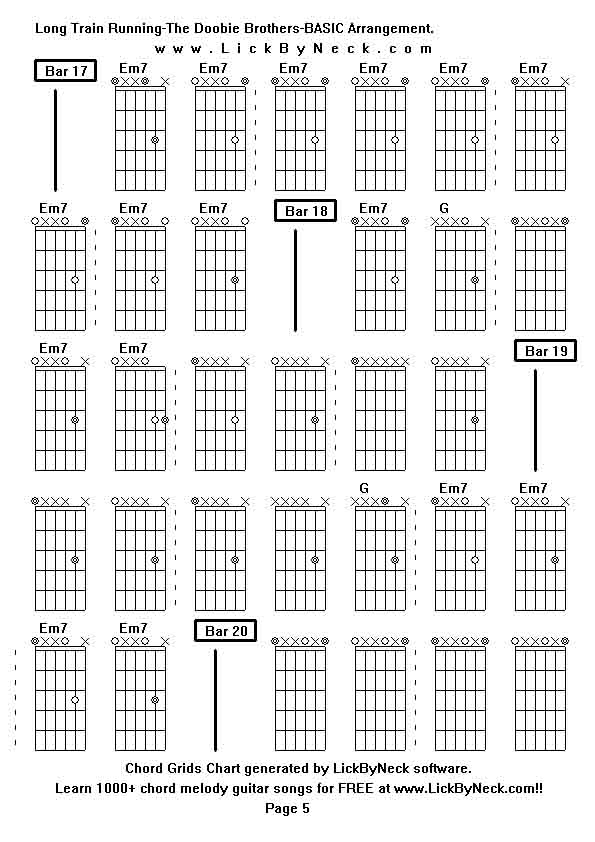 Chord Grids Chart of chord melody fingerstyle guitar song-Long Train Running-The Doobie Brothers-BASIC Arrangement,generated by LickByNeck software.